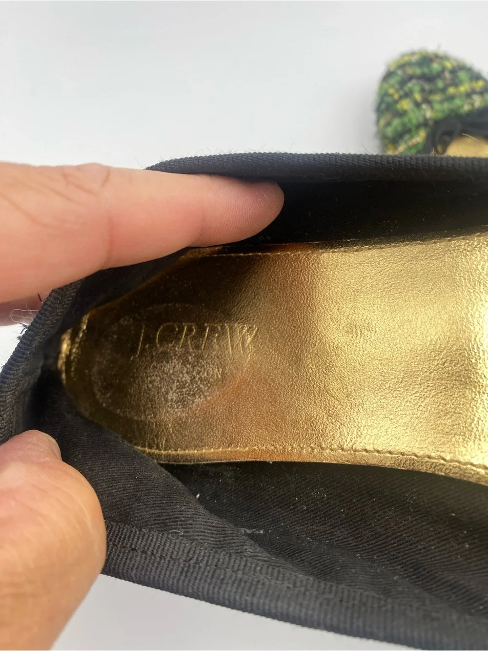 J. Crew Green Tweed Ballet Flats with Gold Insole